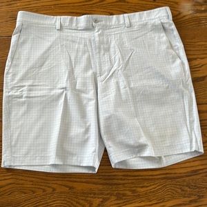 PGA TOUR Men's Stretch Flat-Front Golf Shorts; grey/blue plaid, white background